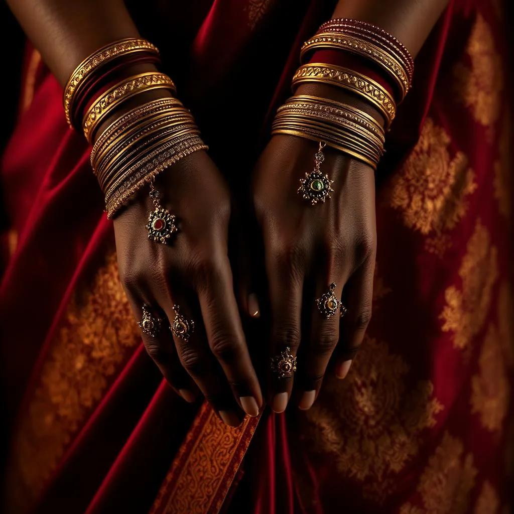 Bridal hands wearing gold jewellery